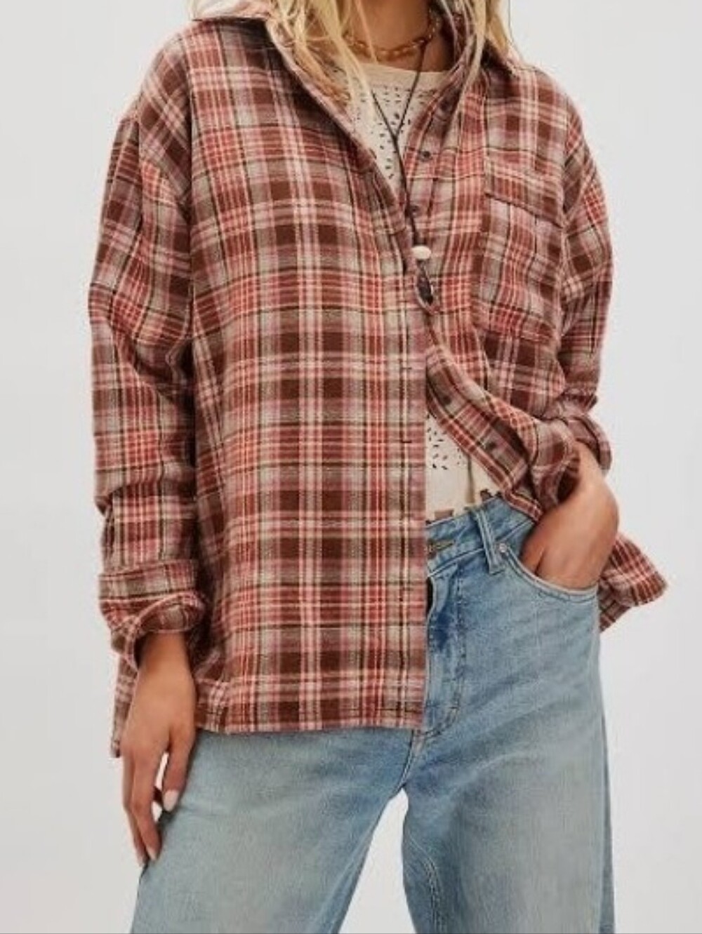 NWT Free People We The Free Ashley Oversized Plaid Flannel Button Down Shirt -M